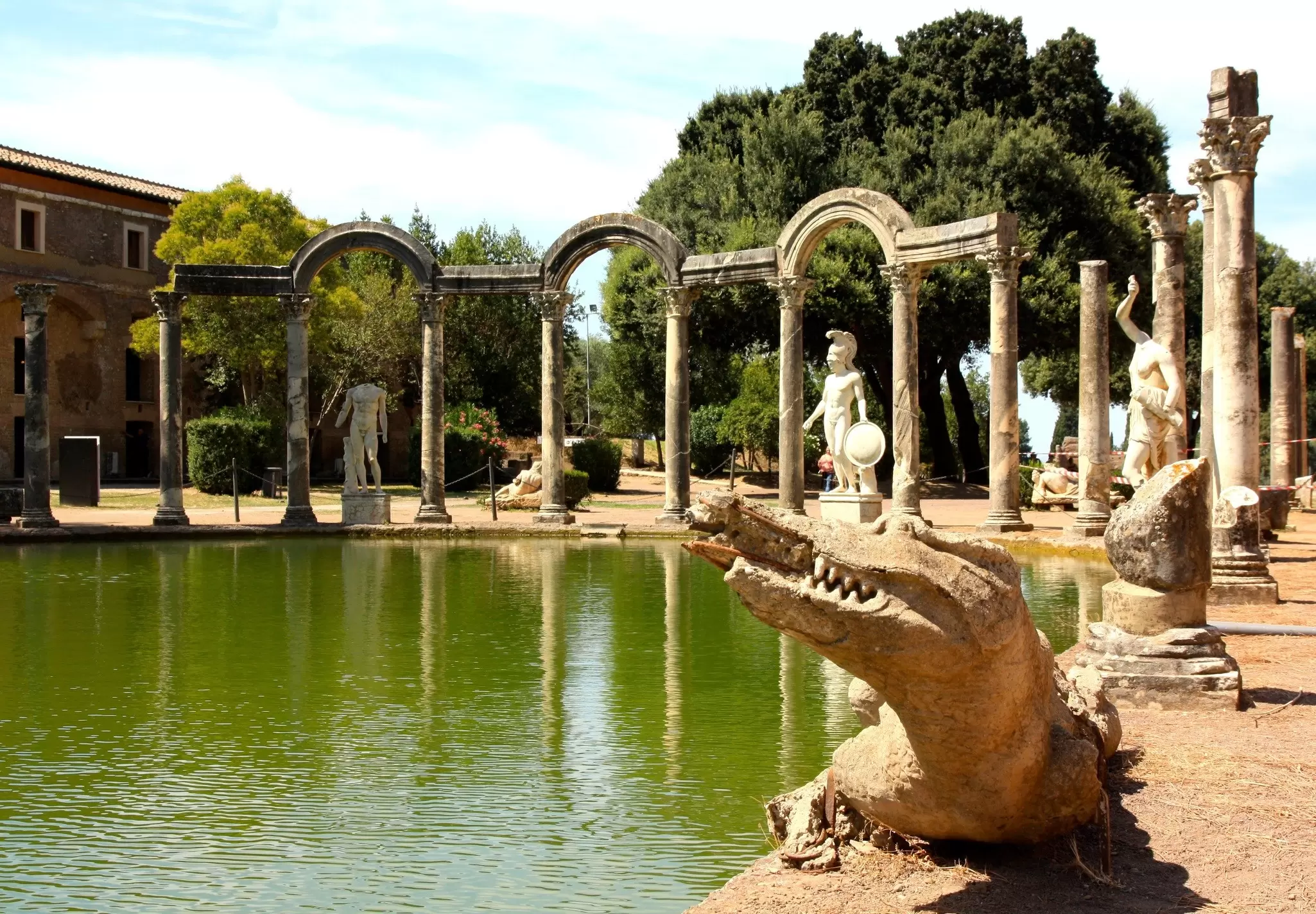 The 120-meter-long pool in the ruins of the Villa Adriana is surrounded by sculptures, including one of the God of War, Ares.