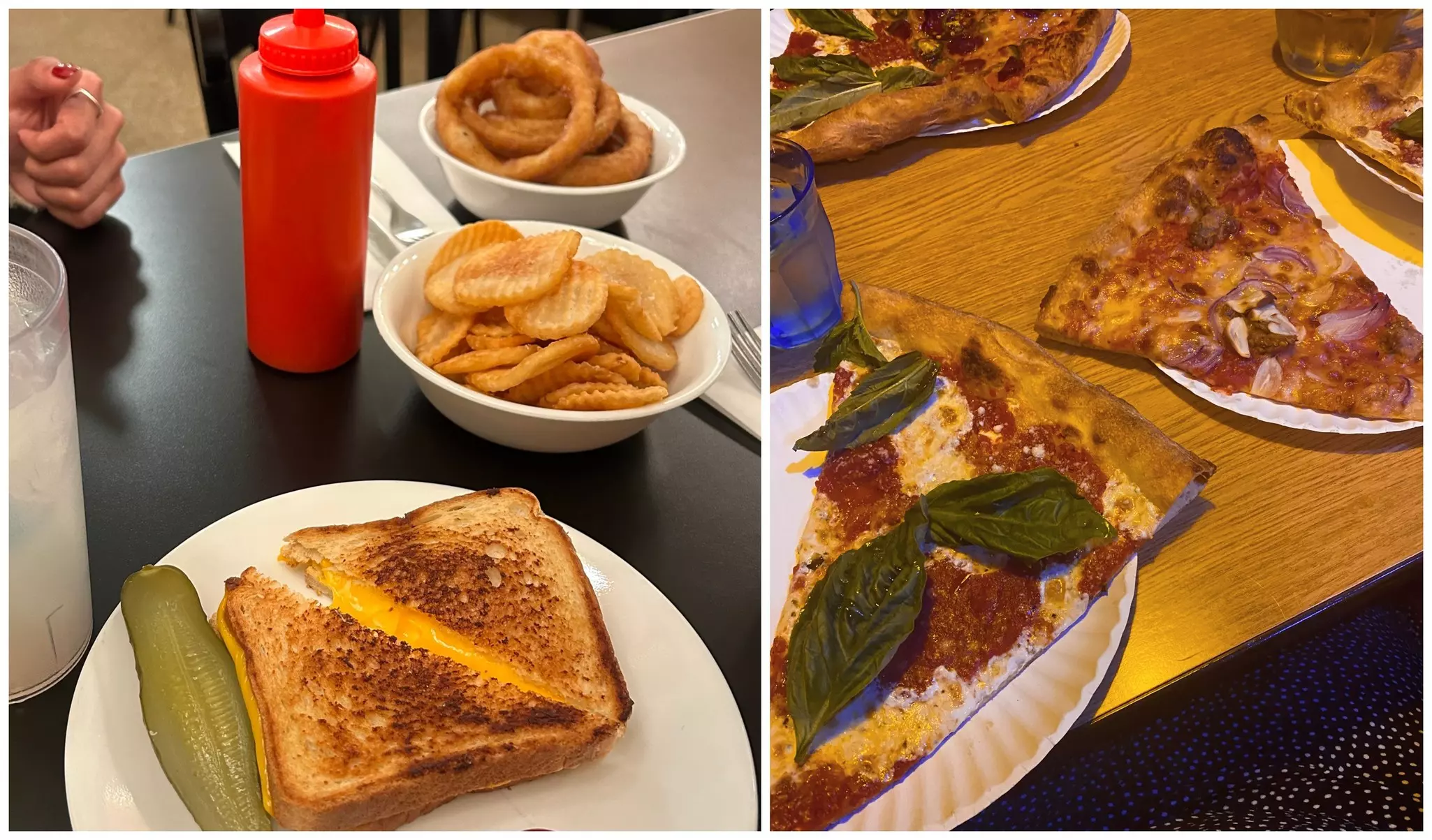 Left: Onion rings, fries and a grilled cheese from S&P Lunch. Right: Pizza from Scarr's