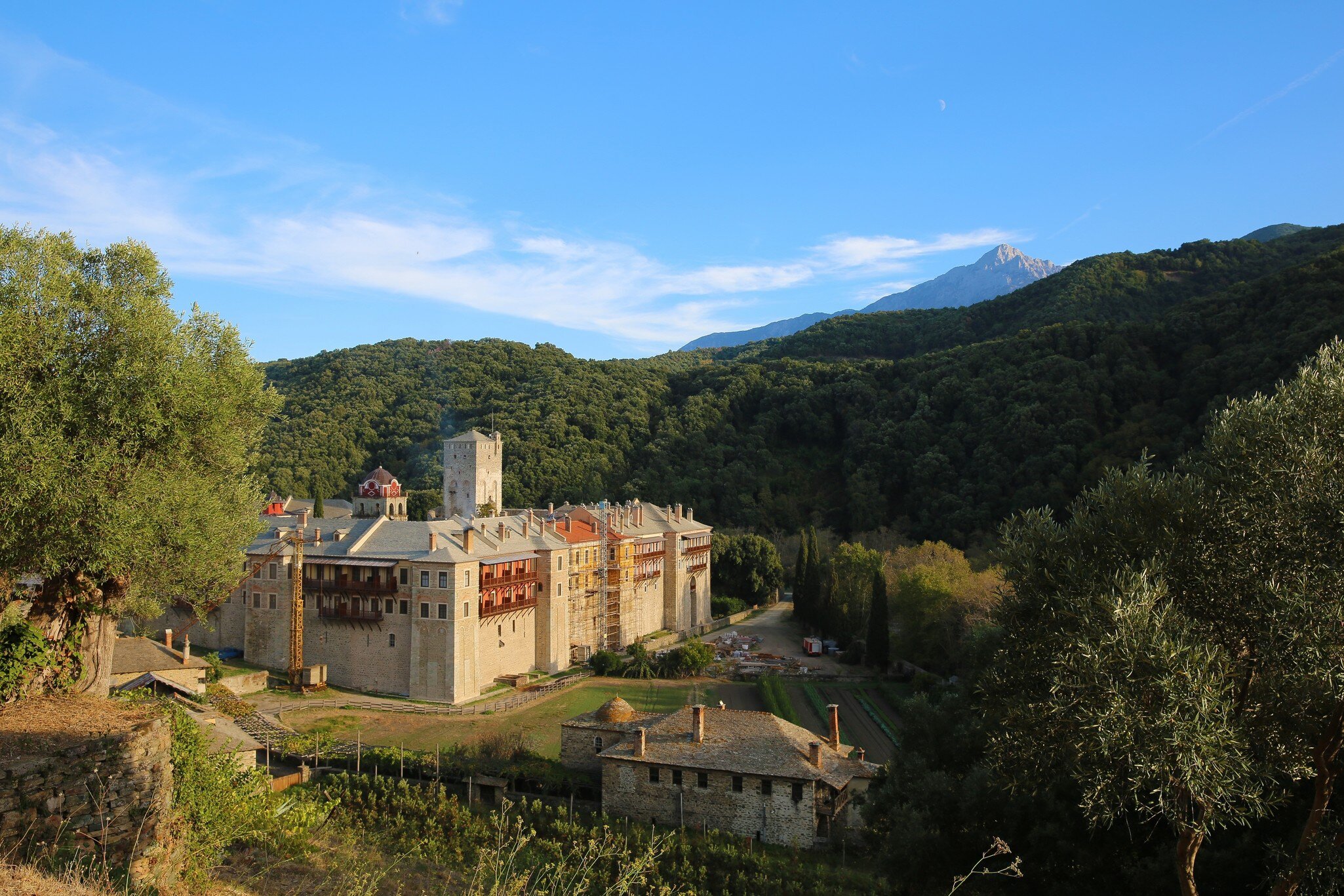 View of Moni Iviron (Iviron Monastery) on Mt Athos in Greece.