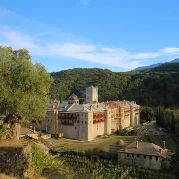 View of Moni Iviron (Iviron Monastery) on Mt Athos in Greece.