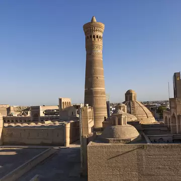 Poi Kalon Mosque and Minaret in Bukhara, Uzbekistan. Poi Kalon religious complex, Bukhara, Uzbekistan