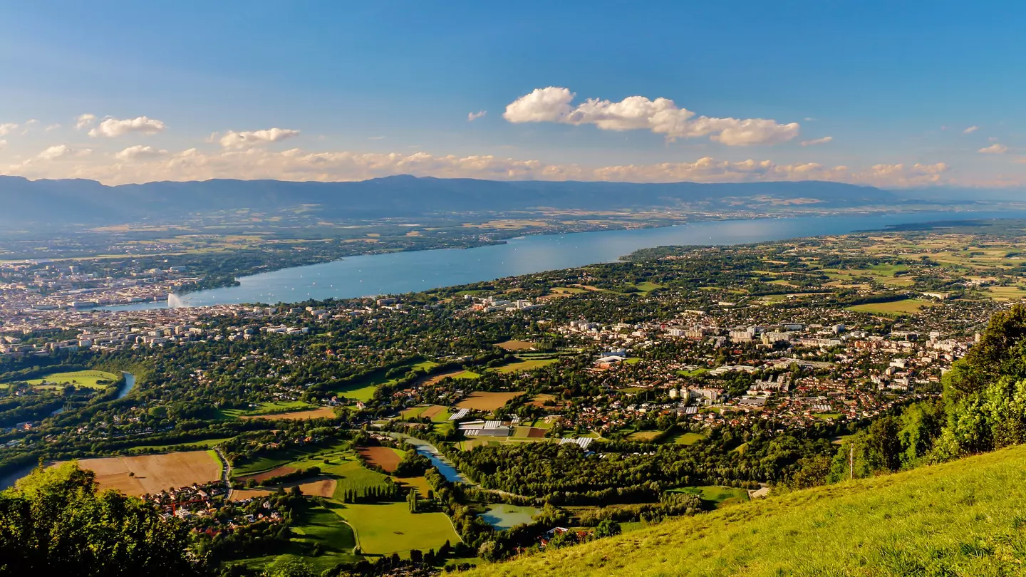 Townscape with lush foliage on sunny day, Geneva