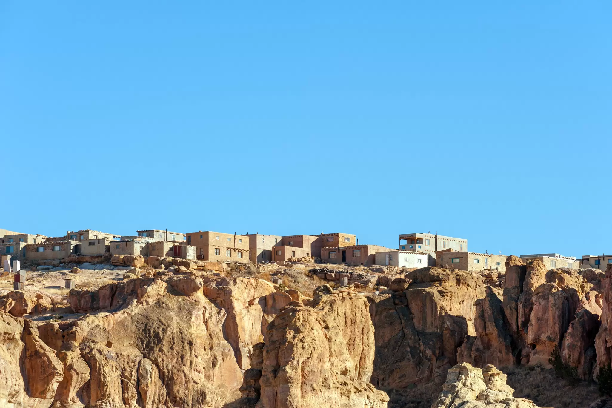 panoramic view of Acoma Pueblo (Sky City), Native American reservation atop mesa near Albuquerque, New Mexico
