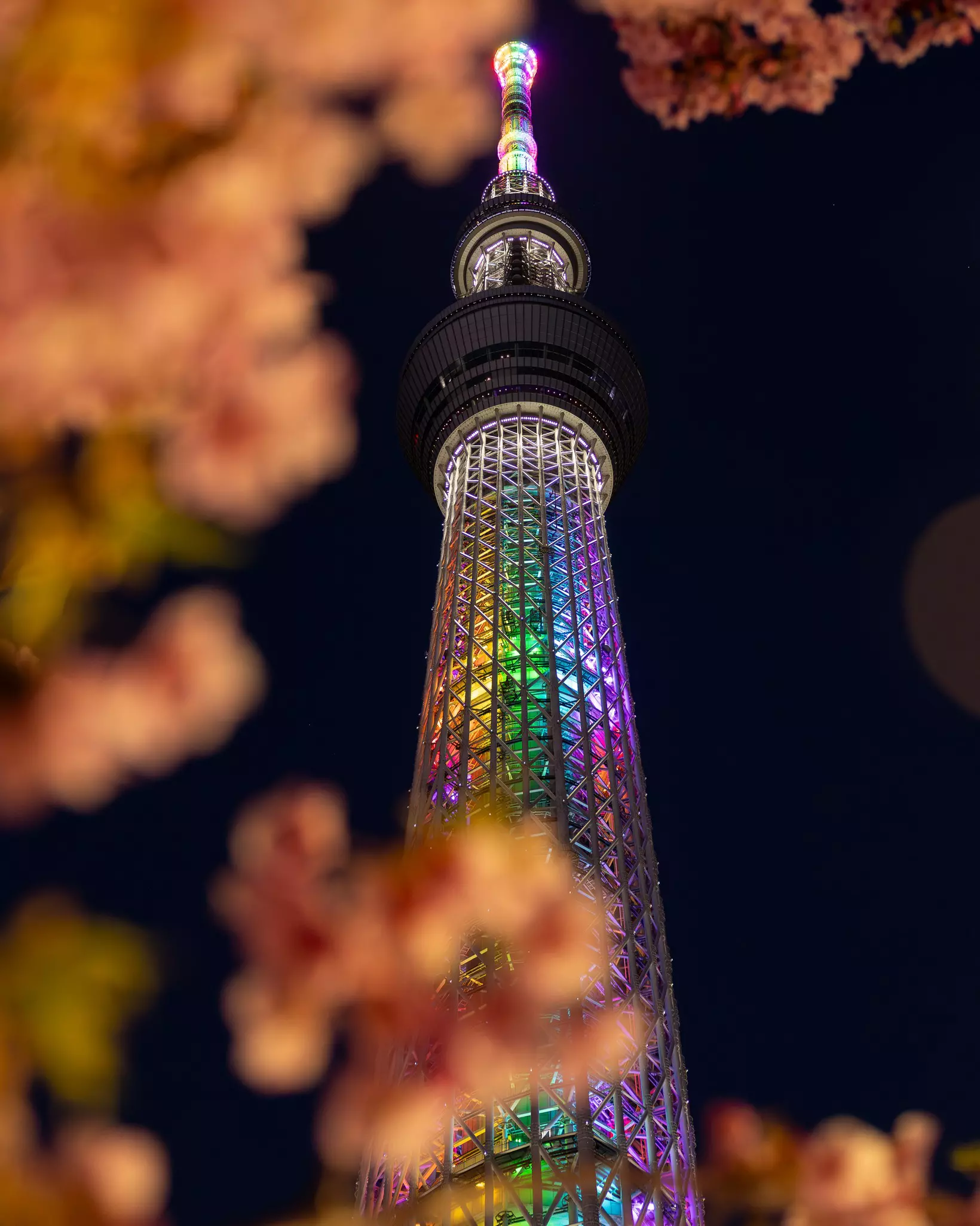 A skyscraper at night, lit up in rainbow colors