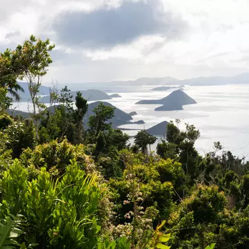 Islands are seen in the sea from the top of a lush hilltop on a tropical island.