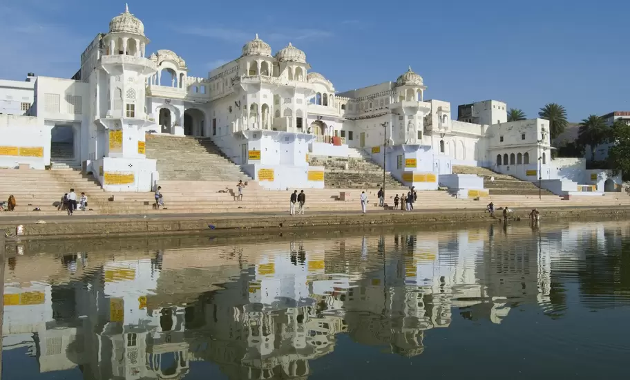 Ghat at holy lake Pushkar in Rajasthan, India.