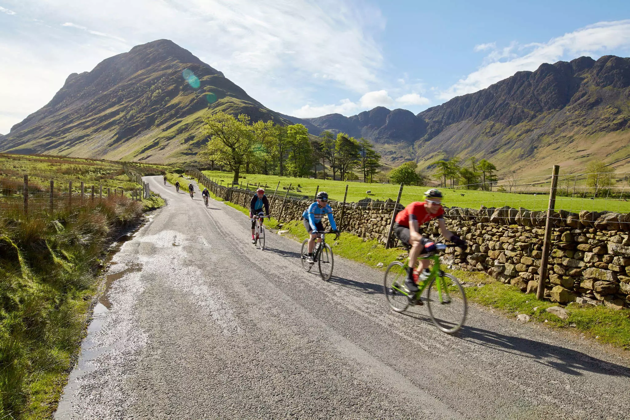 Cyclists on a rural section of the Fred Whitton Challenge 2018, which is a 112 mile sportive around the Lake District.