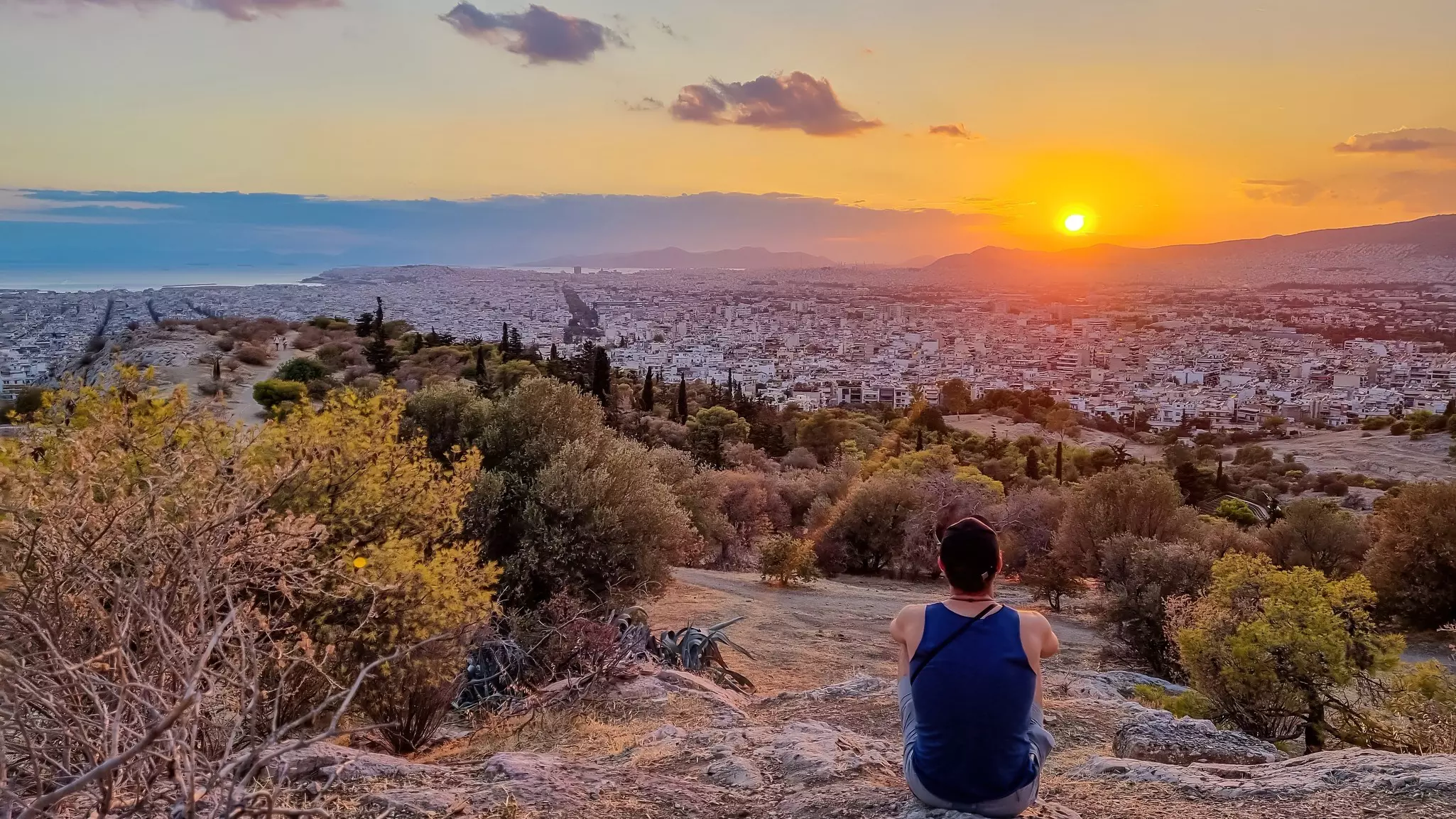 A man is seen from behind watching the sun set over a huge city from a clearing on a hill.