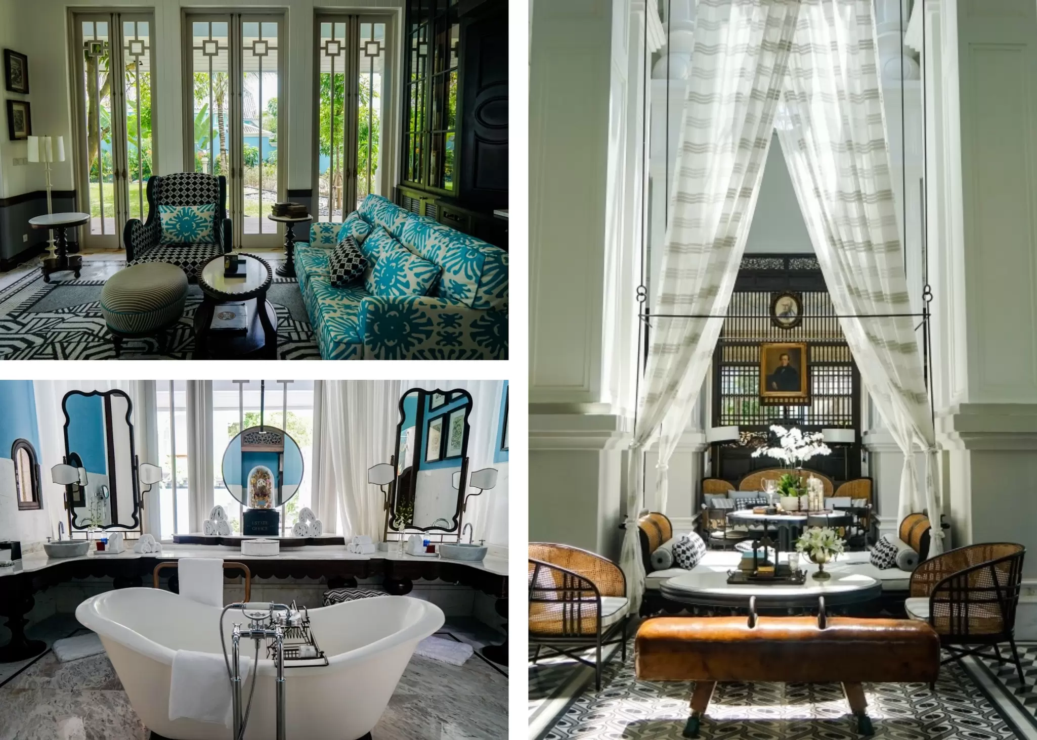 Clockwise from left: couch and chairs in muted colors in lounge at the JW Marriott Emerald Bay; seating area in the lobby illuminated by a skylight above; free-standing bath in large white-and-black colored bathroom