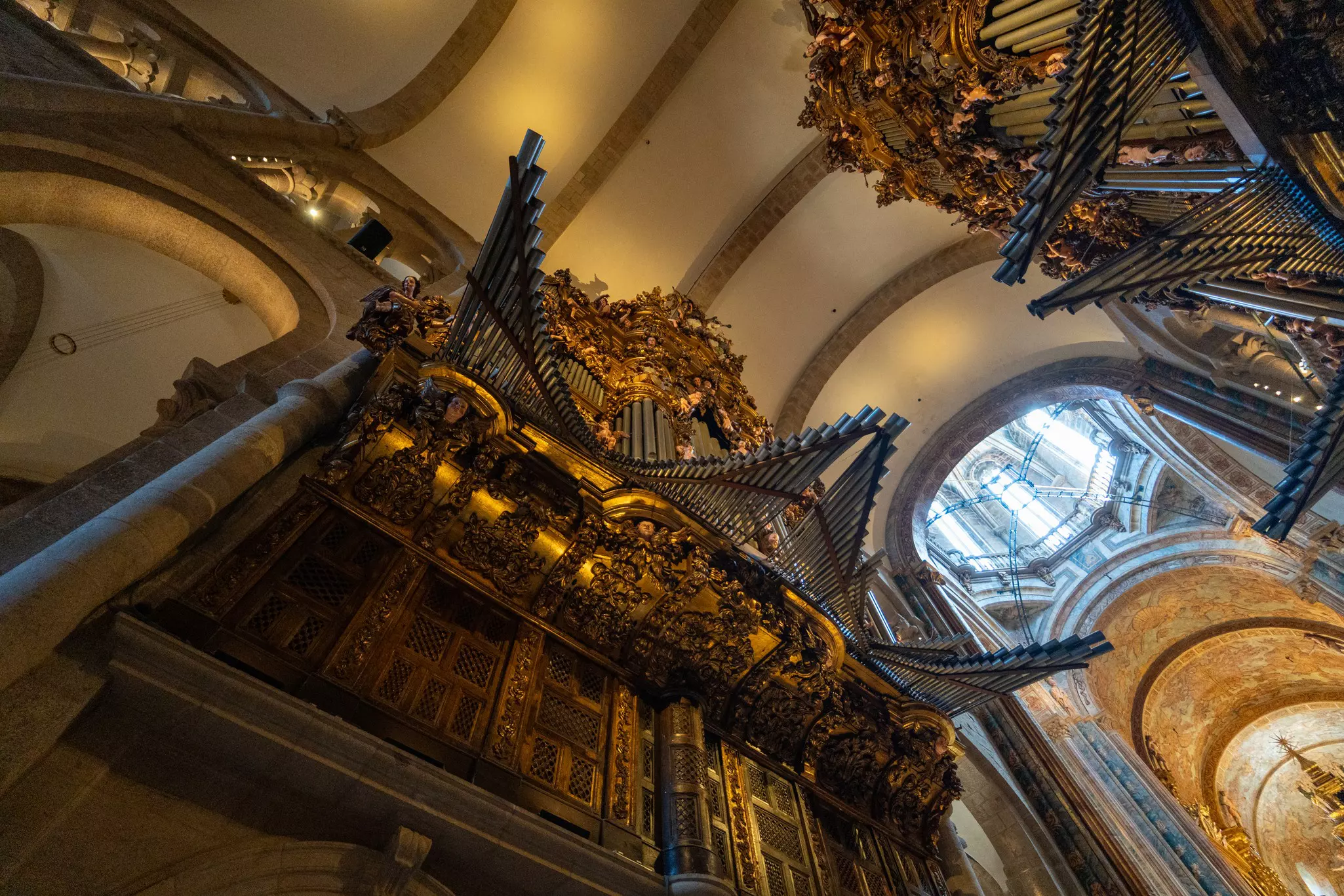 Looking up at the ceiling of a cathedral.