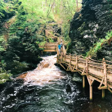 The boardwalk and stairs through Bushkill Falls canyon
