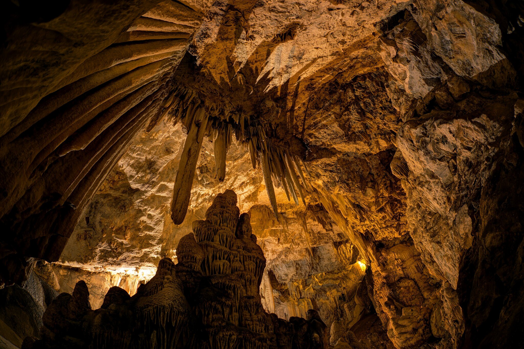 Stalactites and stalagmites in the beautiful cave of Antiparos island Cyclades, Greece