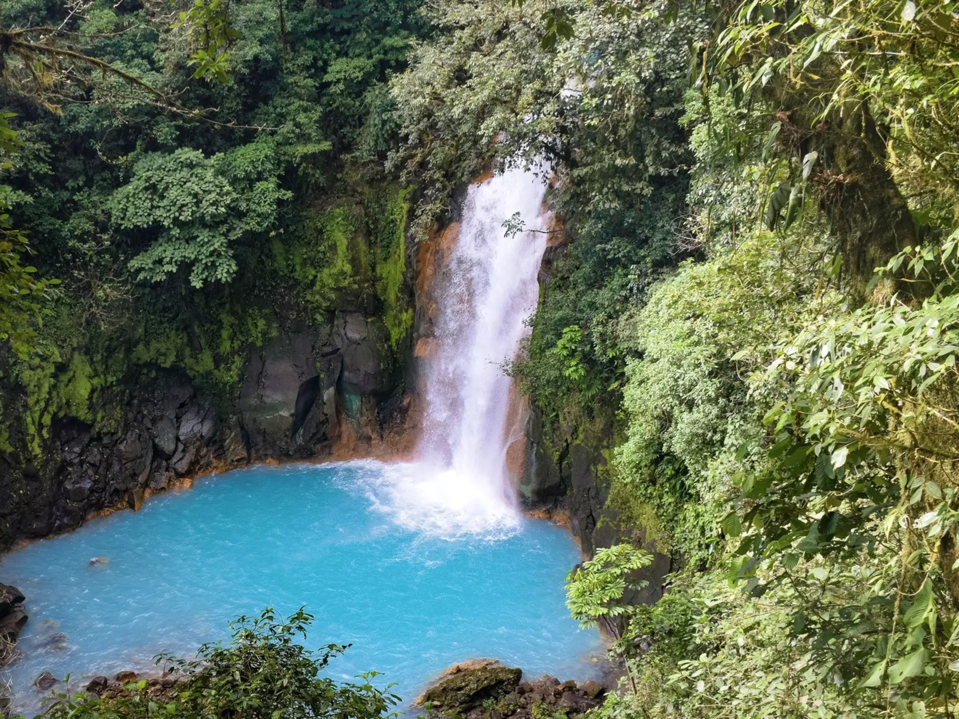A waterfall cascades into a turquoise pool surrounded by green trees.
