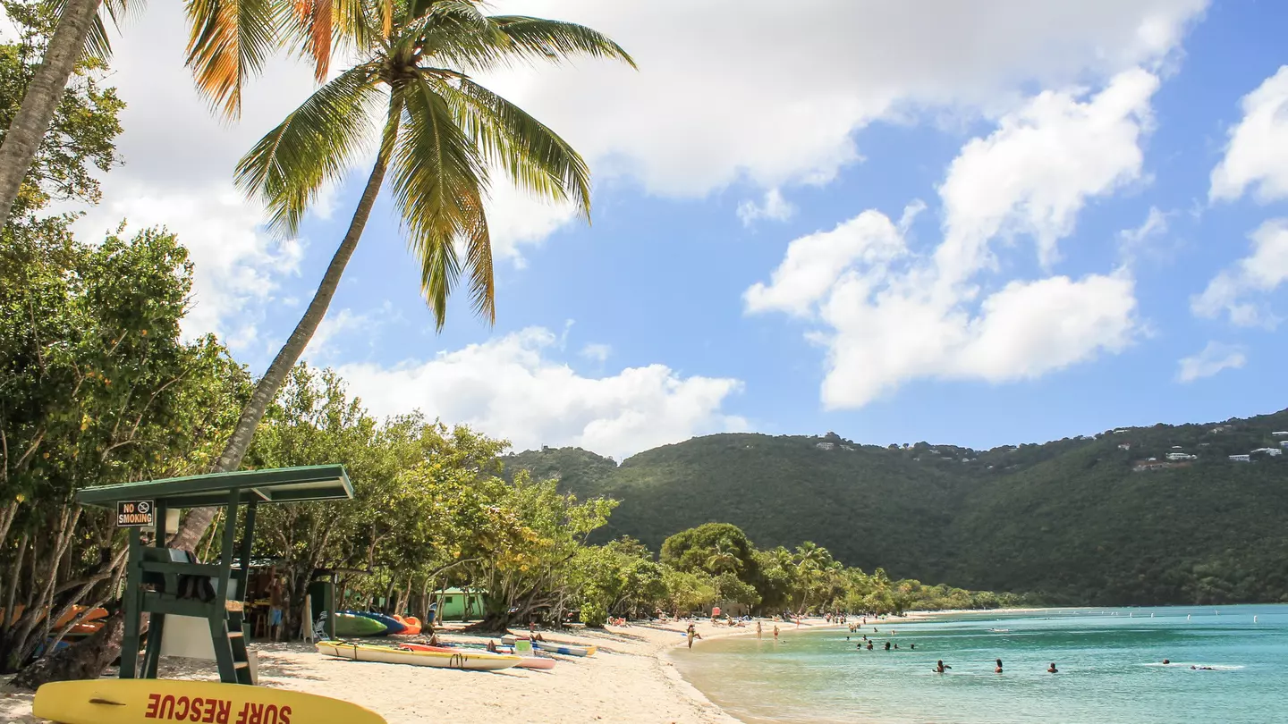A Caribbean beach with a lifeguard stand in the US Virgin Islands