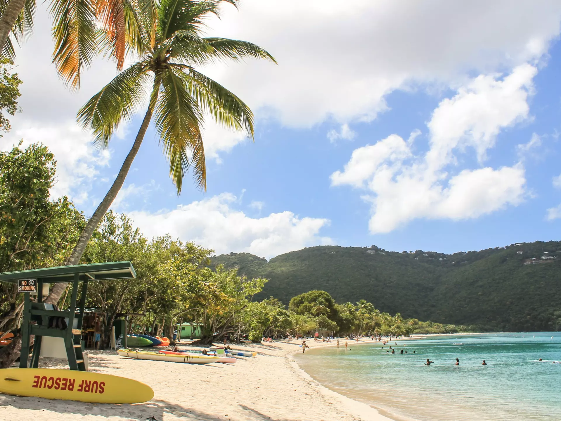 A Caribbean beach with a lifeguard stand in the US Virgin Islands