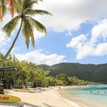 A Caribbean beach with a lifeguard stand in the US Virgin Islands