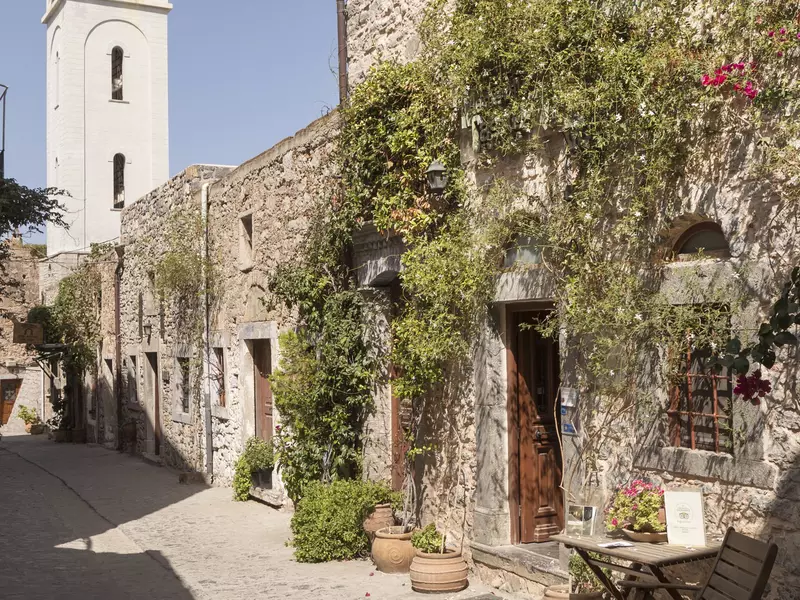 Vine-covered stone buildings line a cobbled street in Greece. 