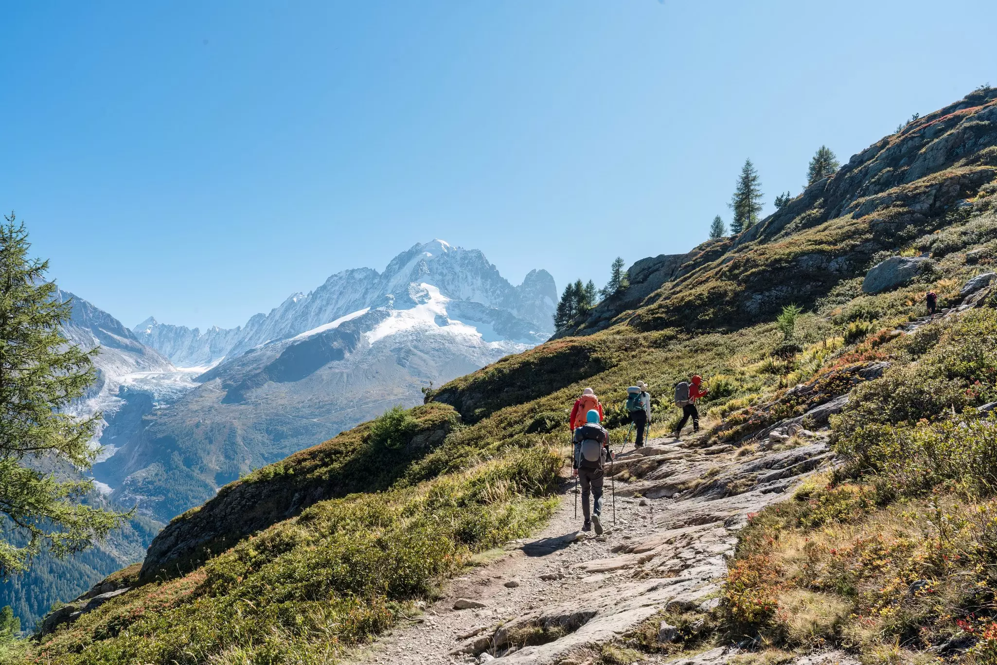 Group of hikers on a trail in the French Alps on sunny day at Haute-Savoie. 