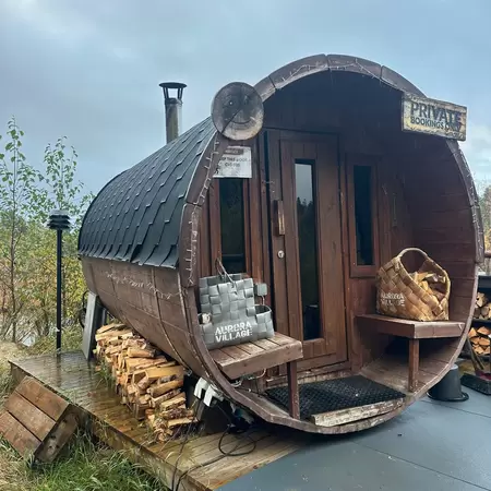 The barrel sauna at Aurora Village in Ivalo, Lapland. 