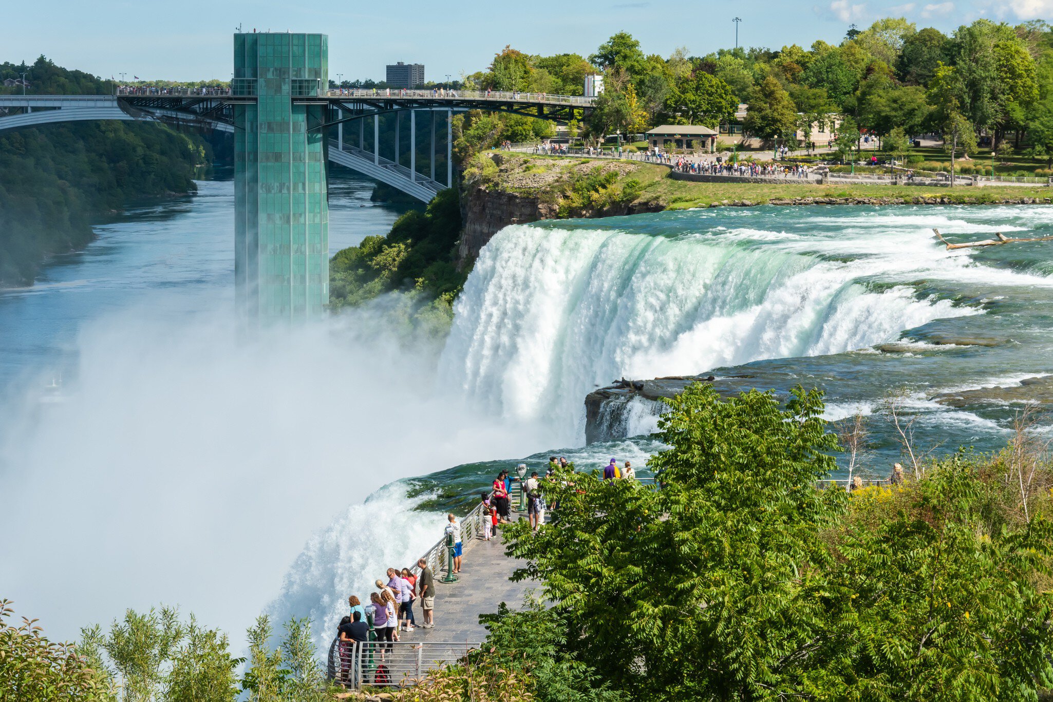 Aerial view of a crowd at the Niagara Falls on the Niagara River along the Canada-U.S. border.