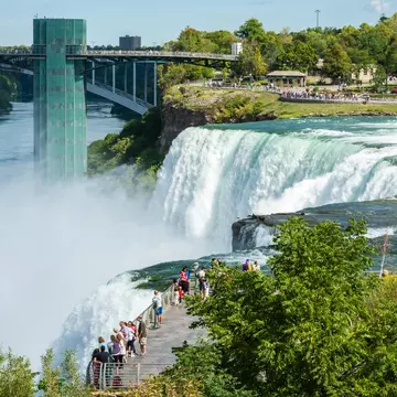 Aerial view of a crowd at the Niagara Falls on the Niagara River along the Canada-U.S. border.