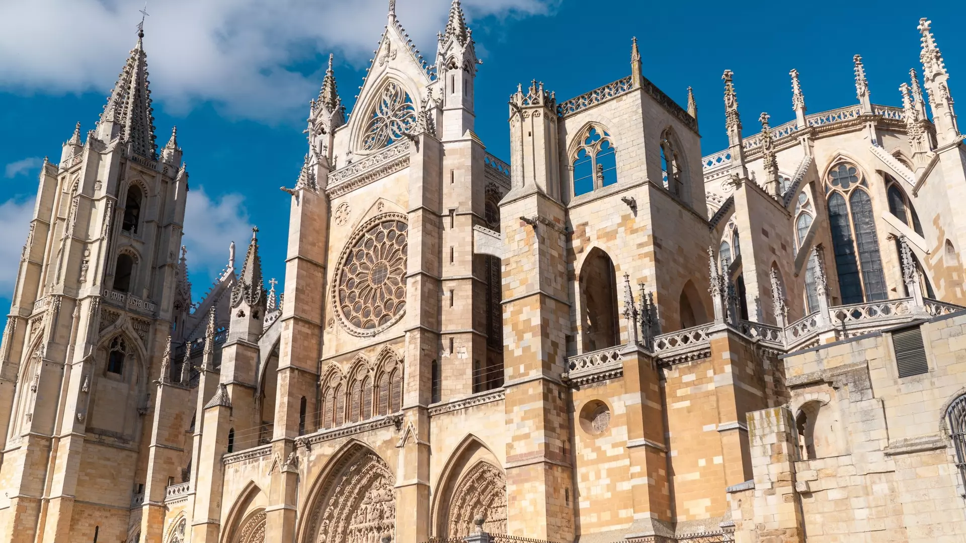 Spectacular Cathedral of Leon. 'Santa María de Regla de León' Cathedral is a Catholic church situated in the old down center of Leon city. Beautiful façade Gothic Architecture. 