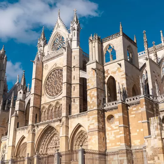 Spectacular Cathedral of Leon. 'Santa María de Regla de León' Cathedral is a Catholic church situated in the old down center of Leon city. Beautiful façade Gothic Architecture. 