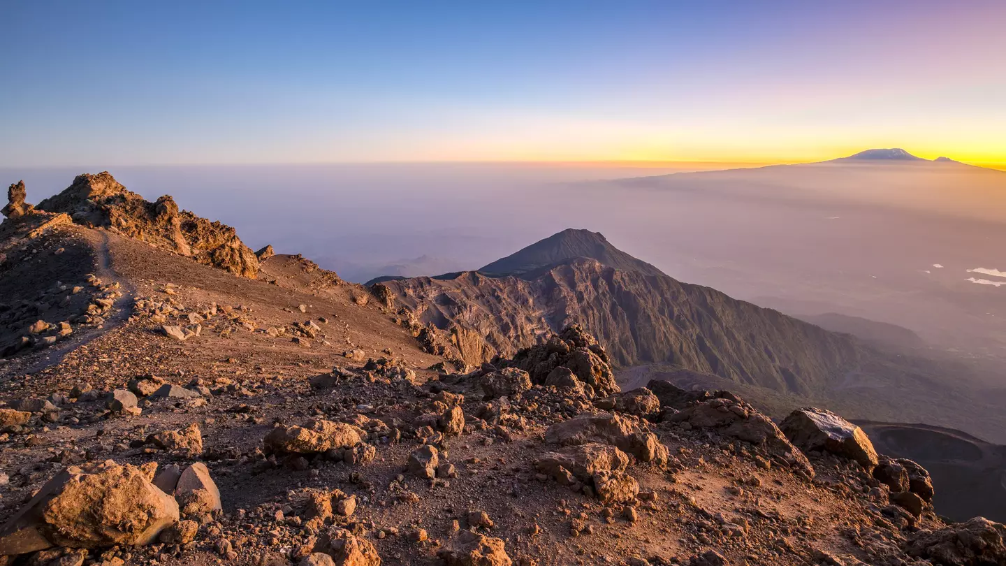 Mount Meru with Kilimanjaro in the distance, near Arusha in Tanzania