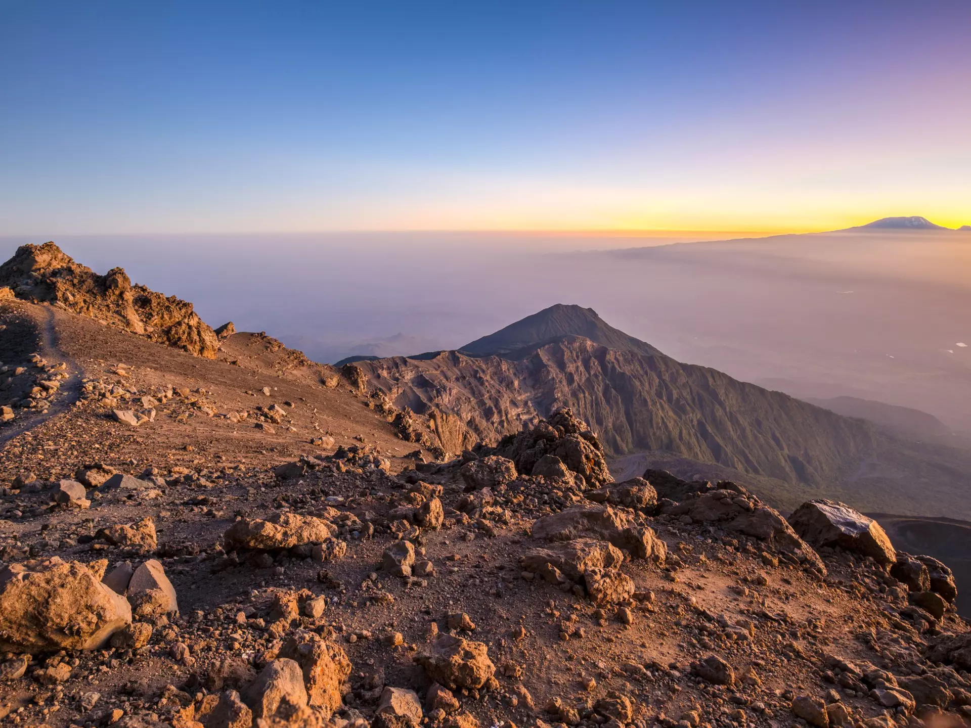 Mount Meru with Kilimanjaro in the distance, near Arusha in Tanzania