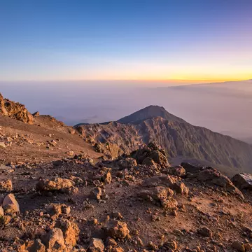 Mount Meru with Kilimanjaro in the distance, near Arusha in Tanzania