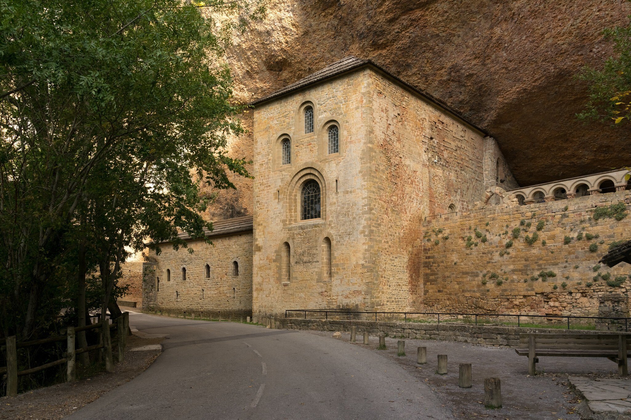 View of the Monasterio de San Juan de la Peña, partially built into the rock, in Aragón, Spain.