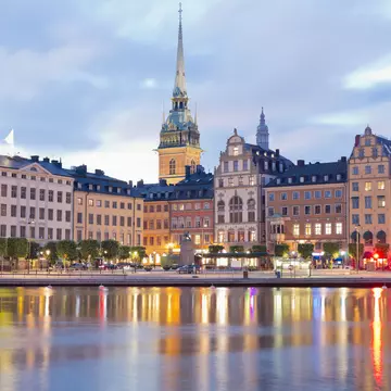 Sweden, Stockholm, View to Gamla Stan with German Church in the evening light.