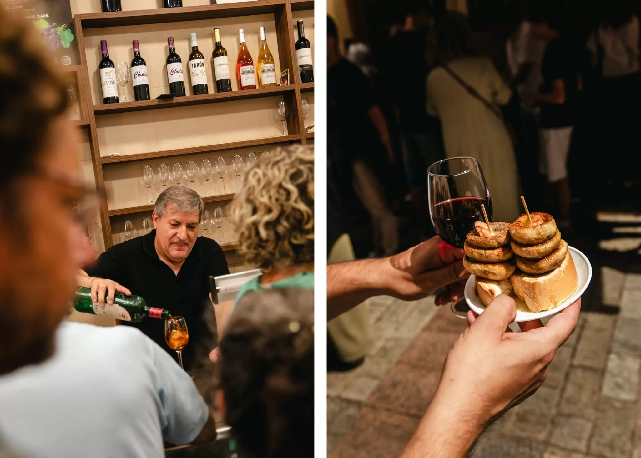 Left: A vermut being served in Bar Soriano. Right: Two champi pintxos and a glass of crianza outside of Bar Soriano on Calle Laurel. Andrea Arevalo for Lonely Planet (2)