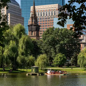 View of the city skyline on a sunny day as seen from across the pond in the Public Garden in Boston, Massachusetts.