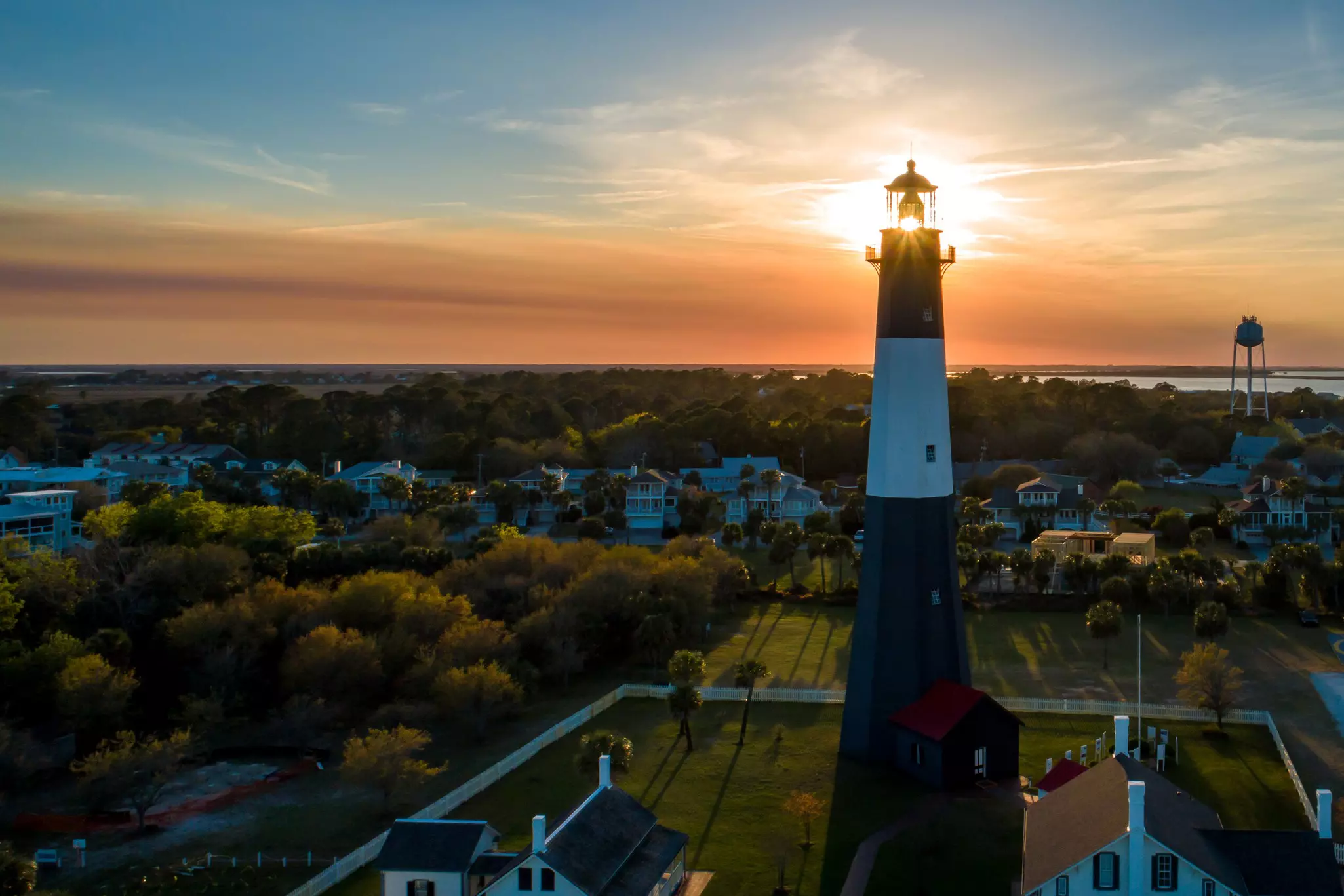 Aerial view of the historic Tybee Island Light, as it's officially known, taken at dusk.