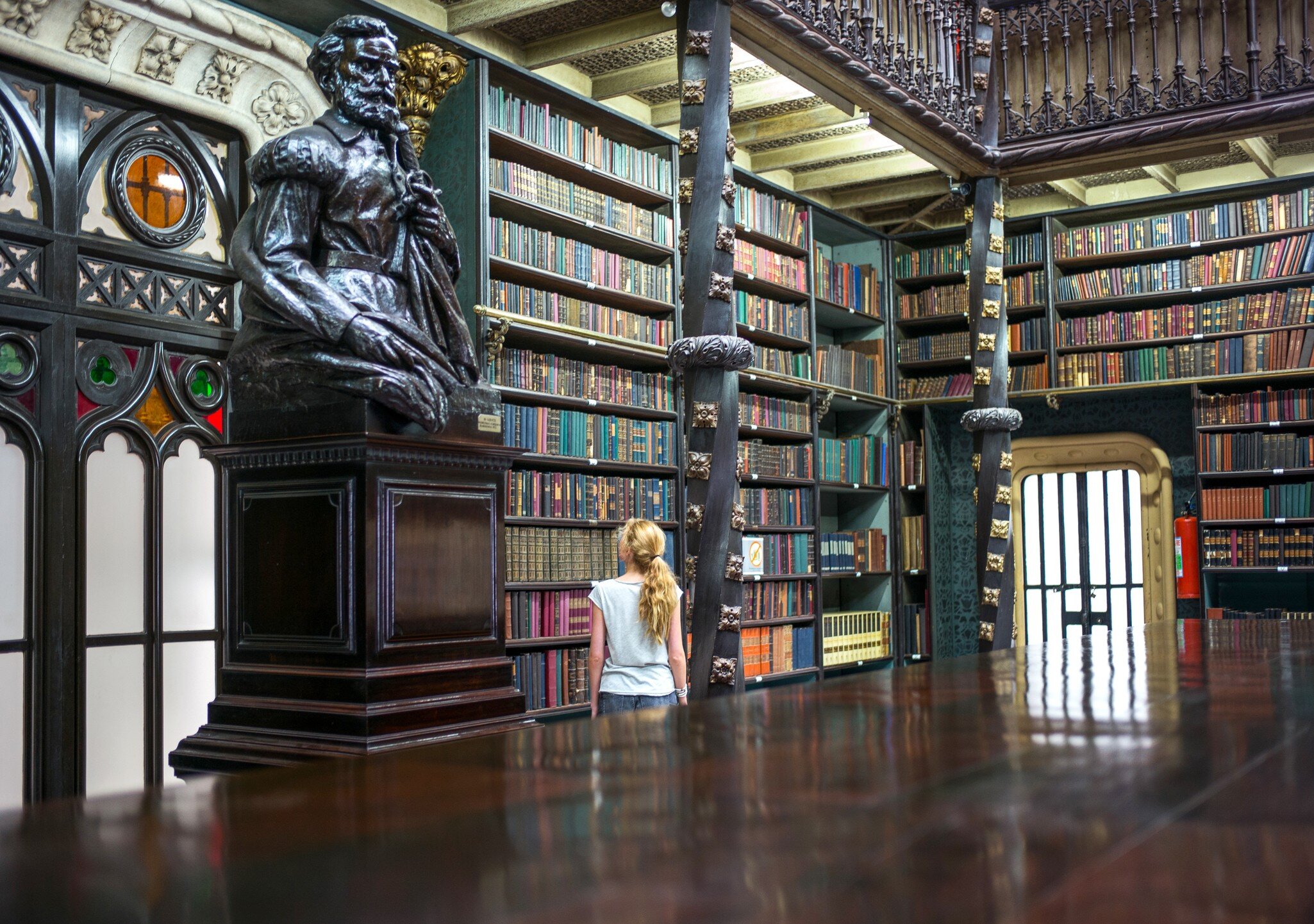 Rio De Janeiro, Brazil - A girl looking at the books in the library Real Cabinete Portugues De Leitura, in the old city center.