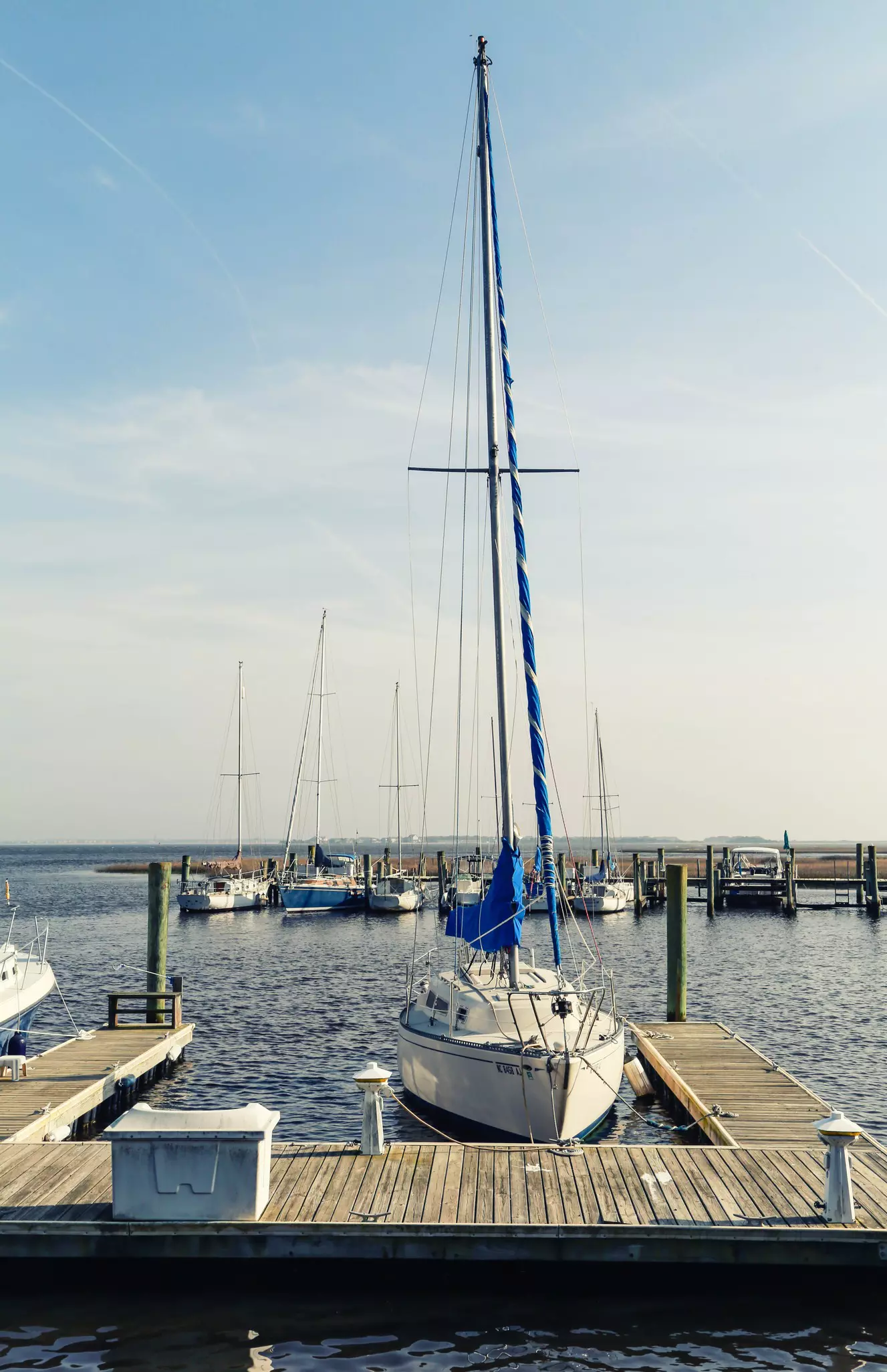 A boat in a marina in Southport, North Carolina.