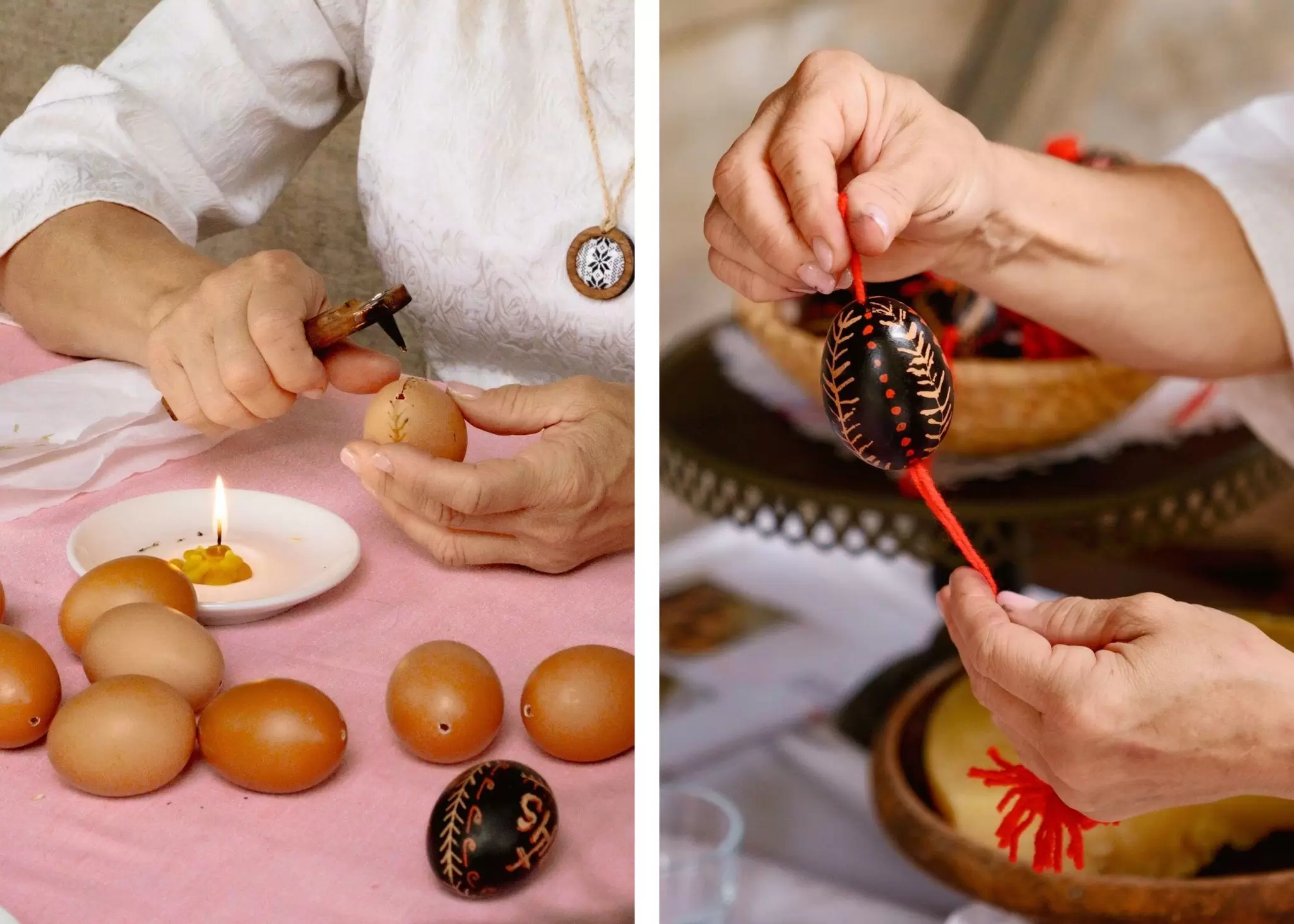 USE THIS FOR DYPTICHS - 1
**For Slovenia partnerships article
Left: Belokranjska pisanica workshop in Adlešiči. Right: The final product. Martin Pauer for Lonely Planet (2)