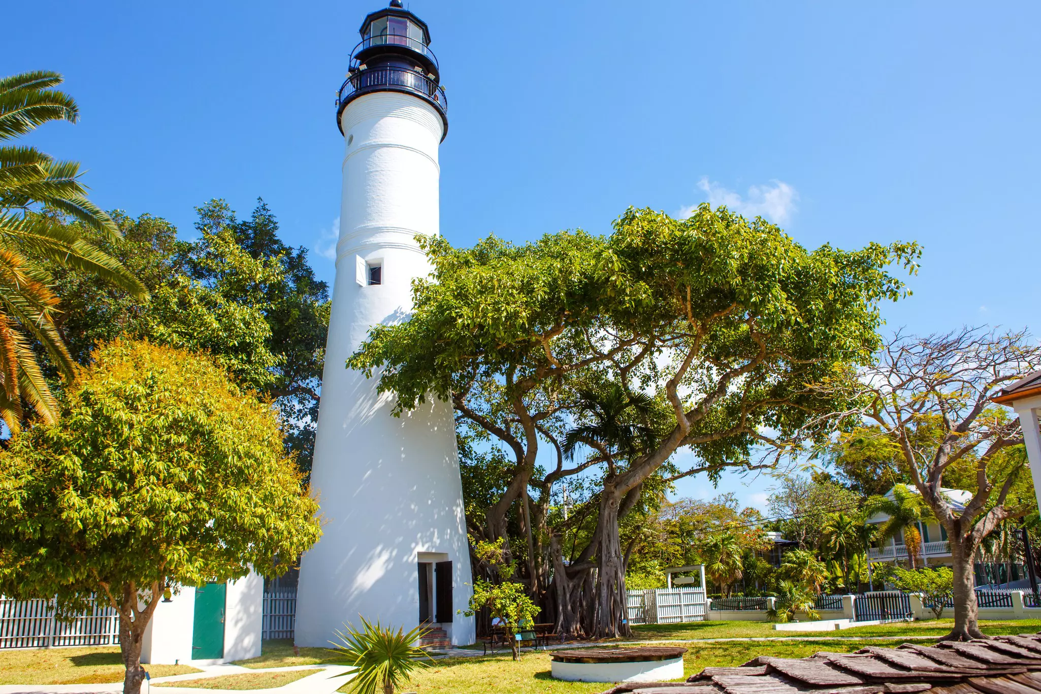 A white lighthouse with a black top, surrounded by green trees