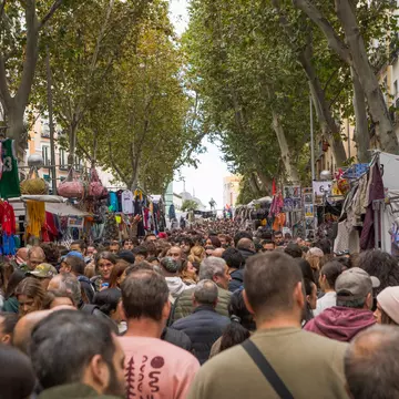 A dense crowd of people at a market in a street in a city.