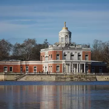 Exterior view of Marmorpalais with reflection at Heiliger See in Potsdam, Germany, during the winter season.