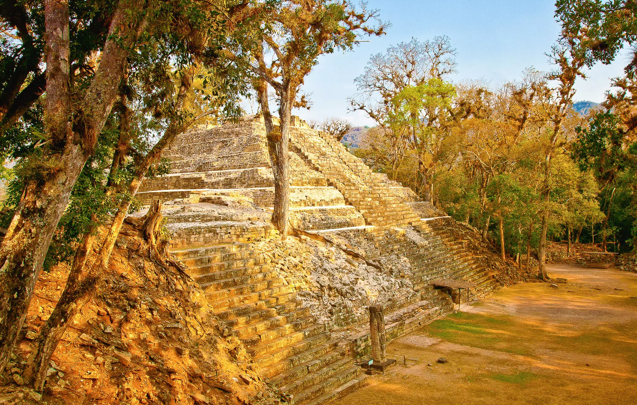 Sunlight on a stepped pyramid in Copán