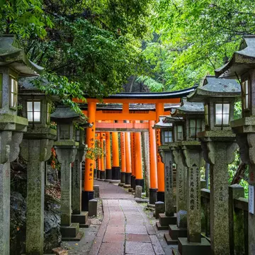 The torii gate covered walking path at Fushimi Inari Taisha temple in Kyoto, Japan.