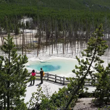 Two hikers at Cistern Spring, Norris Geyser Basin, Yellowstone National Park, Wyoming.
Two Hikers at Cistern Spring, Yellowstone National Park - stock photo
