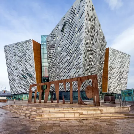 BELFAST, NORTHERN IRELAND - FEB 9, 2014: Titanic Belfast visitor attraction and a monument.  License Type: media  Download Time: 2021-08-06T00:02:52.000Z  User: mvm_lonelyplanet  Is Editorial: Yes  purchase_order:   