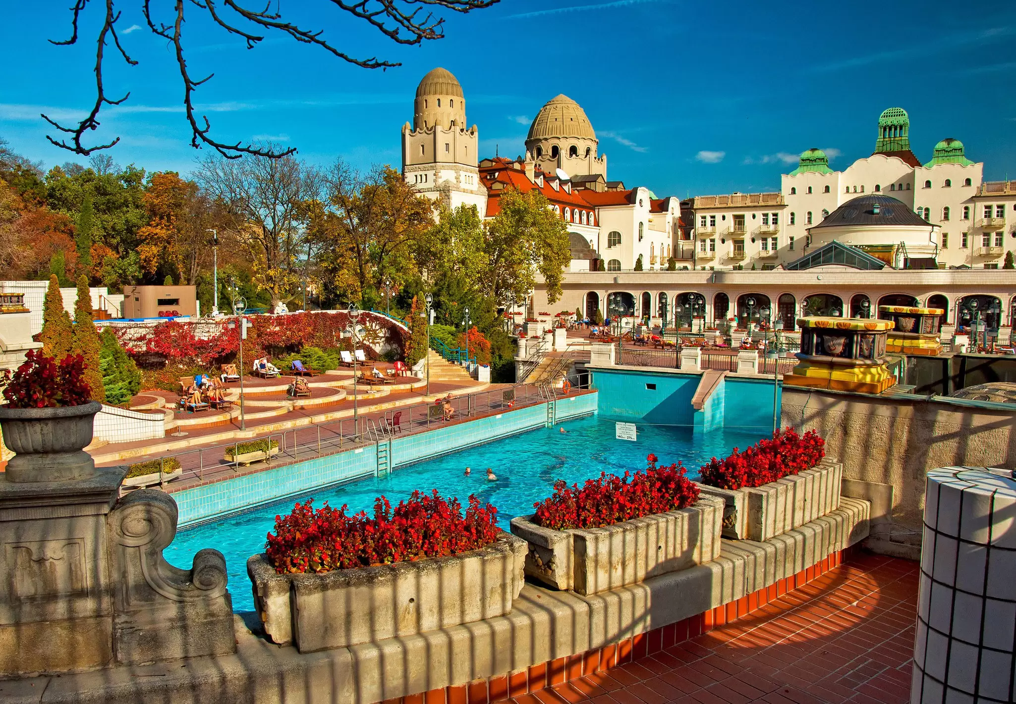 View of the external pools at Gellért Baths in Budapest, Hungary.