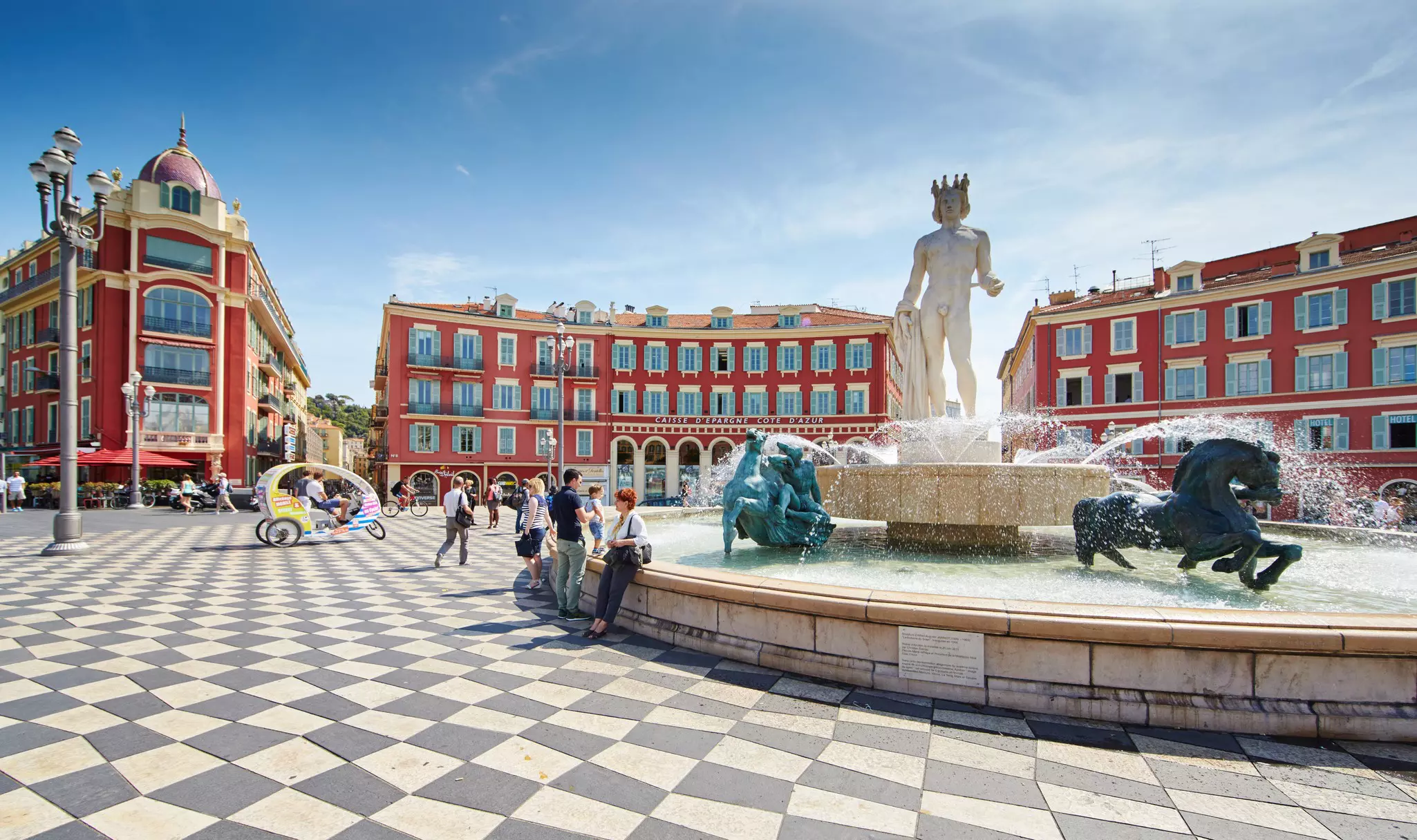 Fountains in the Place Massena in center of Nice, France.