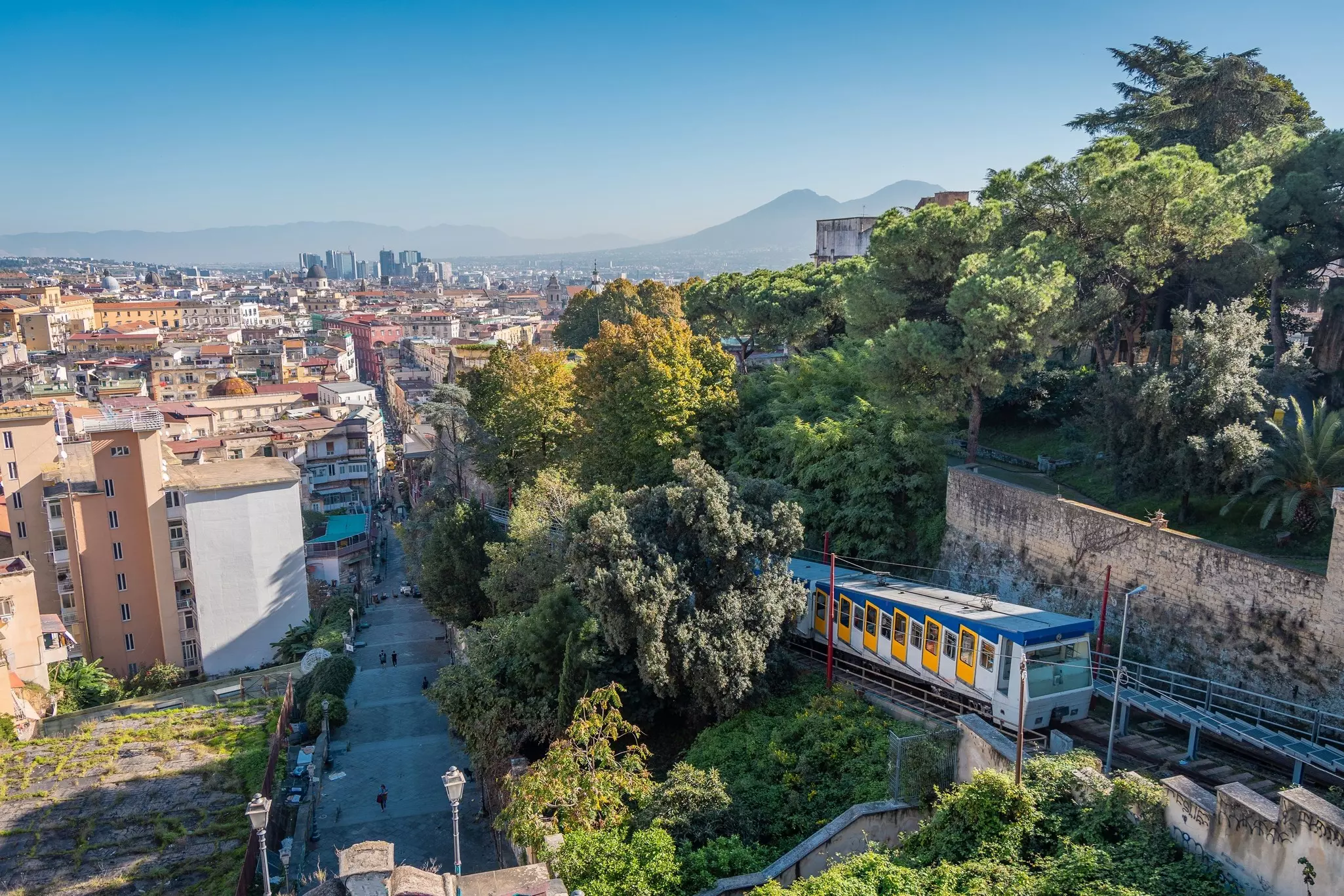 Funicular riding from the lower part of Naples city towards higher ground