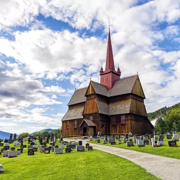 View of Ringebu Stave Church in Norway. Built in the first quarter of the 13th century, is one of 28 surviving stave churches and one of the largest. Still functions as the main church of the parish.; Shutterstock ID 502788595;
