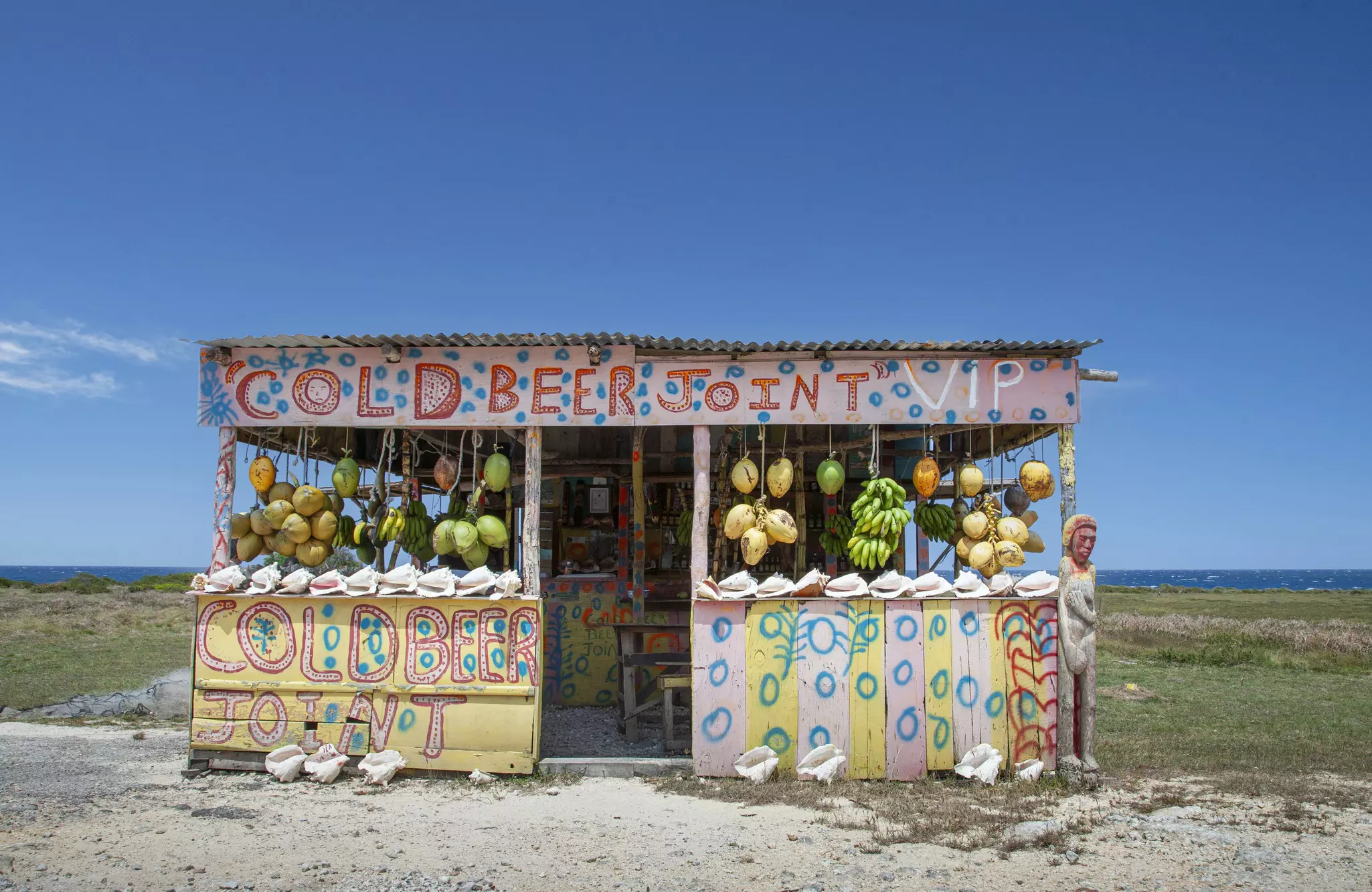 A wooden beach shack painted in pastel colors with fruit hanging from the windows and large writing that says "cold beer joint VIP".